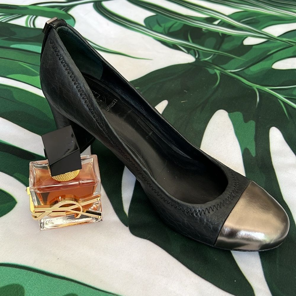 Tory Burch Black Leather Pump with Metallic Silver Cap Toe